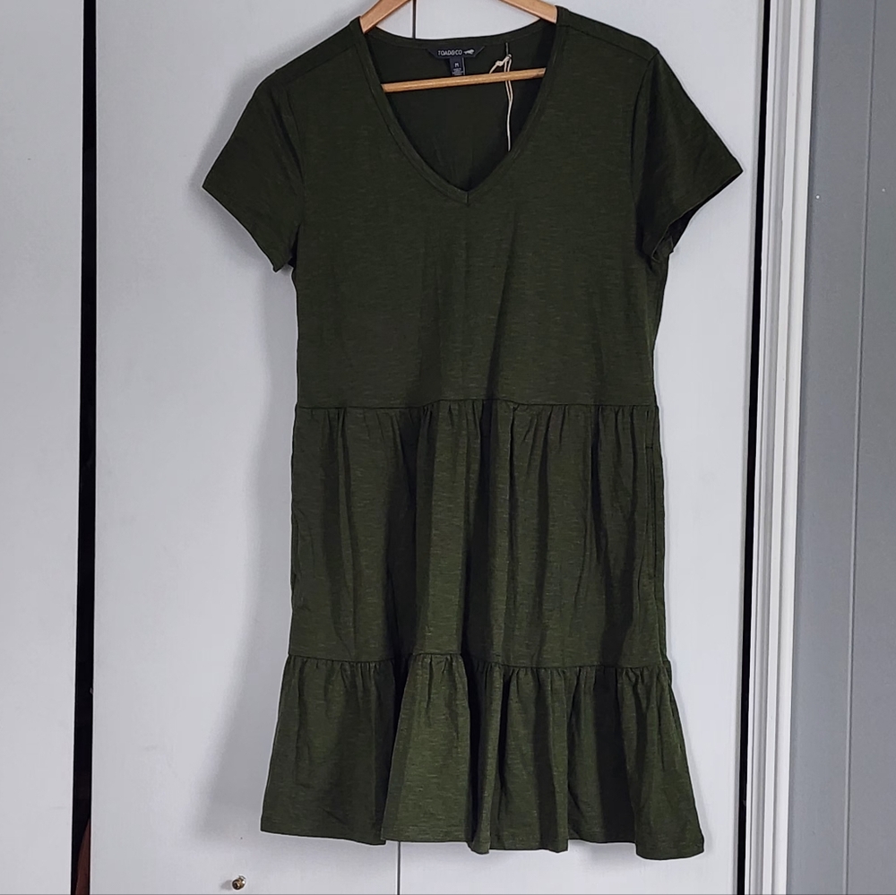 Toad&Co Olive Green Tiered V-Neck Short Sleeve Dress